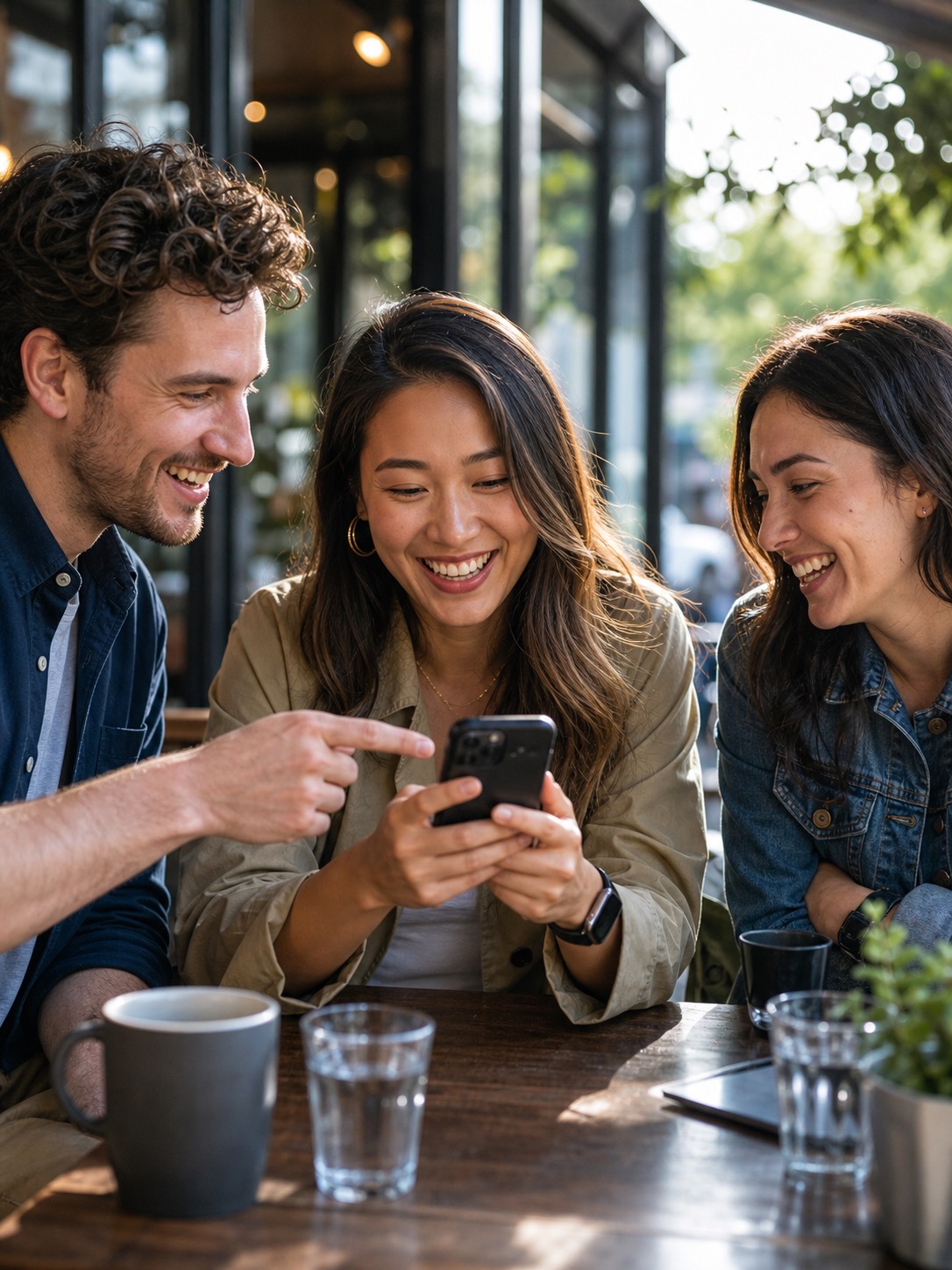 Person using a mobile finance app with friends in a bright social setting